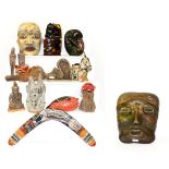 Miscellaneous worldwide ethnographic items, including masks, sculpture, ceramics, boomerang etc (