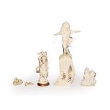 A quantity of ivory items comprising, a 19th century Indian carved ivory figure of a Deity stood