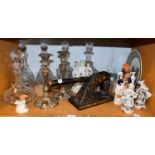 Assorted items including a pair of silver plated candlesticks, five glass decanters, Staffordshire