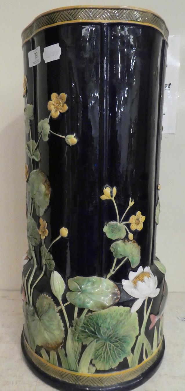 George Jones majolica stick stand moulded with water lilies and fish impressed mark, 55cm high - Image 12 of 22