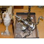 A carved alabaster urn formed table lamp, 50cm, a silver plated three branch candelabra and a
