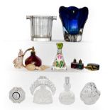 A tray of assorted glass ware including, Whitefriars kingfisher blue vase, Moet & Chandon wine glass