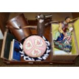 An oak butlers tray, a silver mounted cut glass claret jug (a.f.), a cased pair of Ross