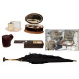 A tray of assorted to included a manicure set in a tortoiseshell and leather case, boxed set of