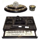 A 19th century Anglo Indian ebony desk Standish surmounted by an elephant, a Victorian Coromandel