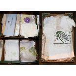 Five boxes of assorted 20th century lace and linen, embroidered linen, two boxes of new white Dorcas