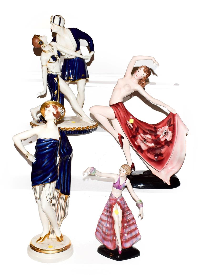 An Austrian Art Deco figure of a dancing girl stamped Keramos, two Royal Dux figures and another