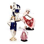 An Austrian Art Deco figure of a dancing girl stamped Keramos, two Royal Dux figures and another