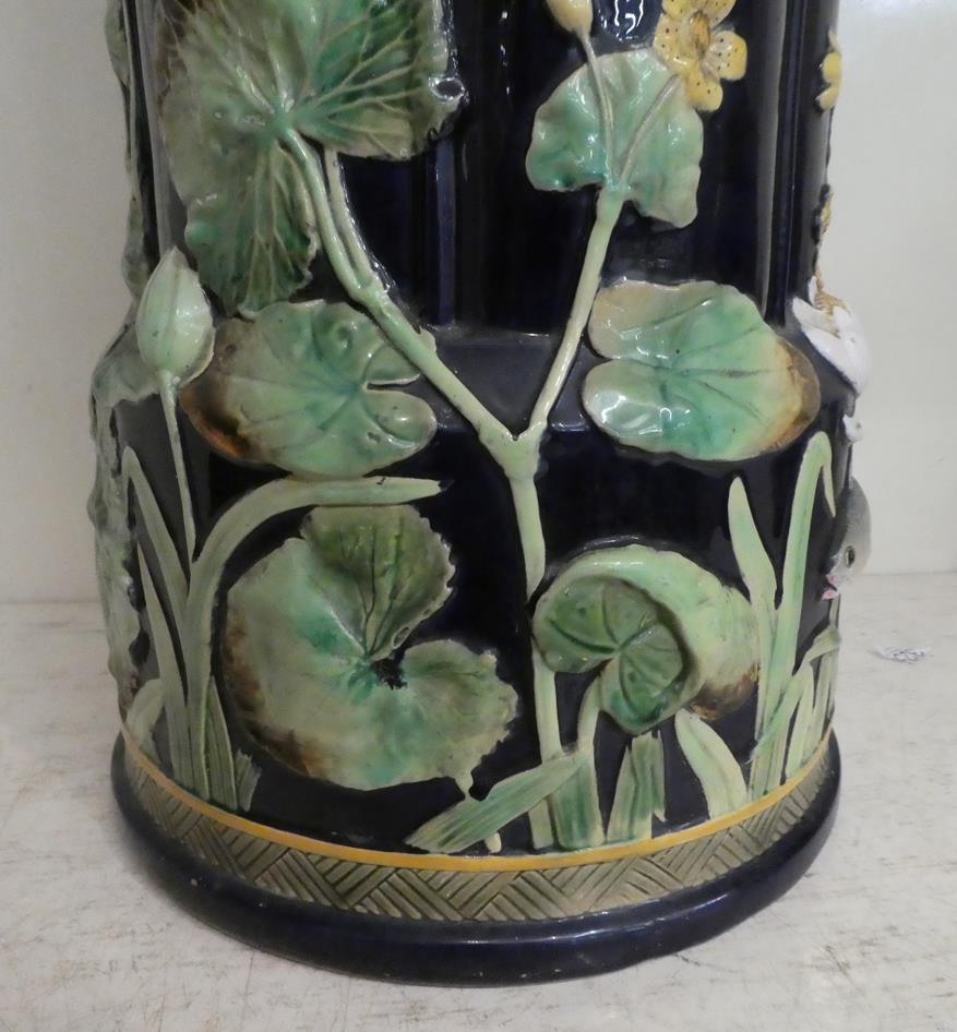 George Jones majolica stick stand moulded with water lilies and fish impressed mark, 55cm high - Image 8 of 22