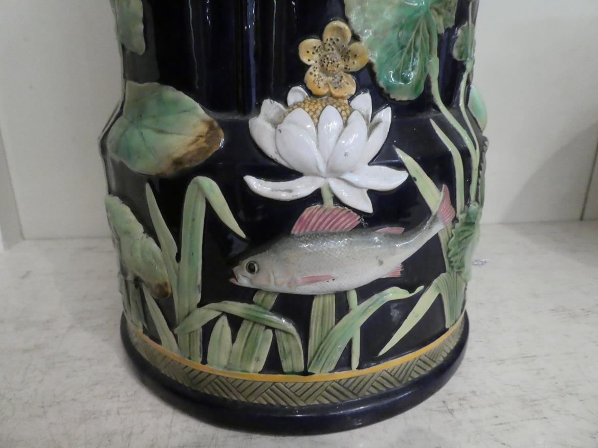 George Jones majolica stick stand moulded with water lilies and fish impressed mark, 55cm high - Image 10 of 22