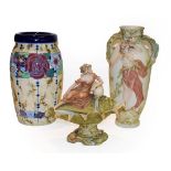 A Royal Dux figural centrepiece, Royal Dux vase together with an Austrian vase (3)