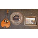An inlaid mandolin stamped Musima, oil on board signed C Evison depicting Wilmington Priory and a