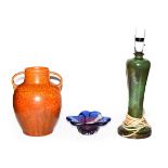 A Royal Lancastrian twin handled mottled orange glazed vase, a similar iridescent lamp base and