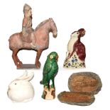 A collection of ceramics including a Rye pottery model of a seated hare, a Japanese blanc-de-chine