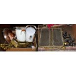 A quantity of assorted metalware's including fire guards, fire dogs, fire irons, copper bed