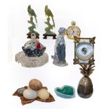 A tray of assorted items including a pair of Chinese jade birds, Lladro figure, silver plated box