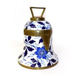 A Victorian Taylor Tunnicliffe blue and white bell form ceramic biscuit barrel with metal mounts and