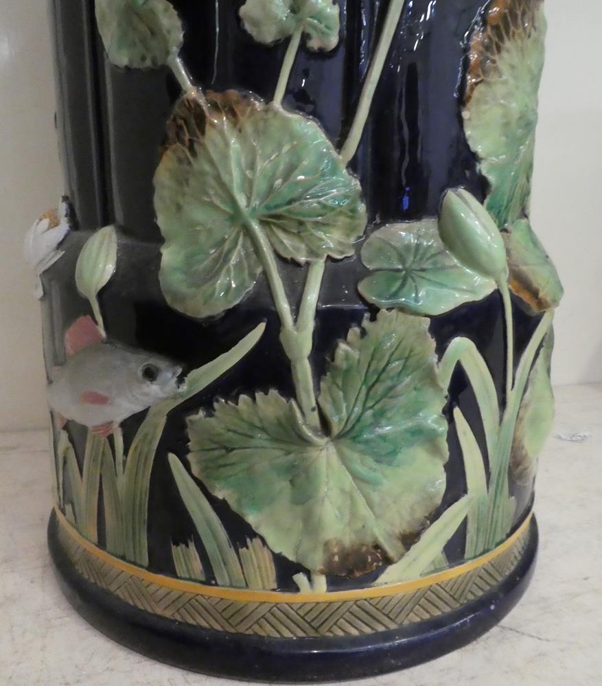 George Jones majolica stick stand moulded with water lilies and fish impressed mark, 55cm high - Image 6 of 22