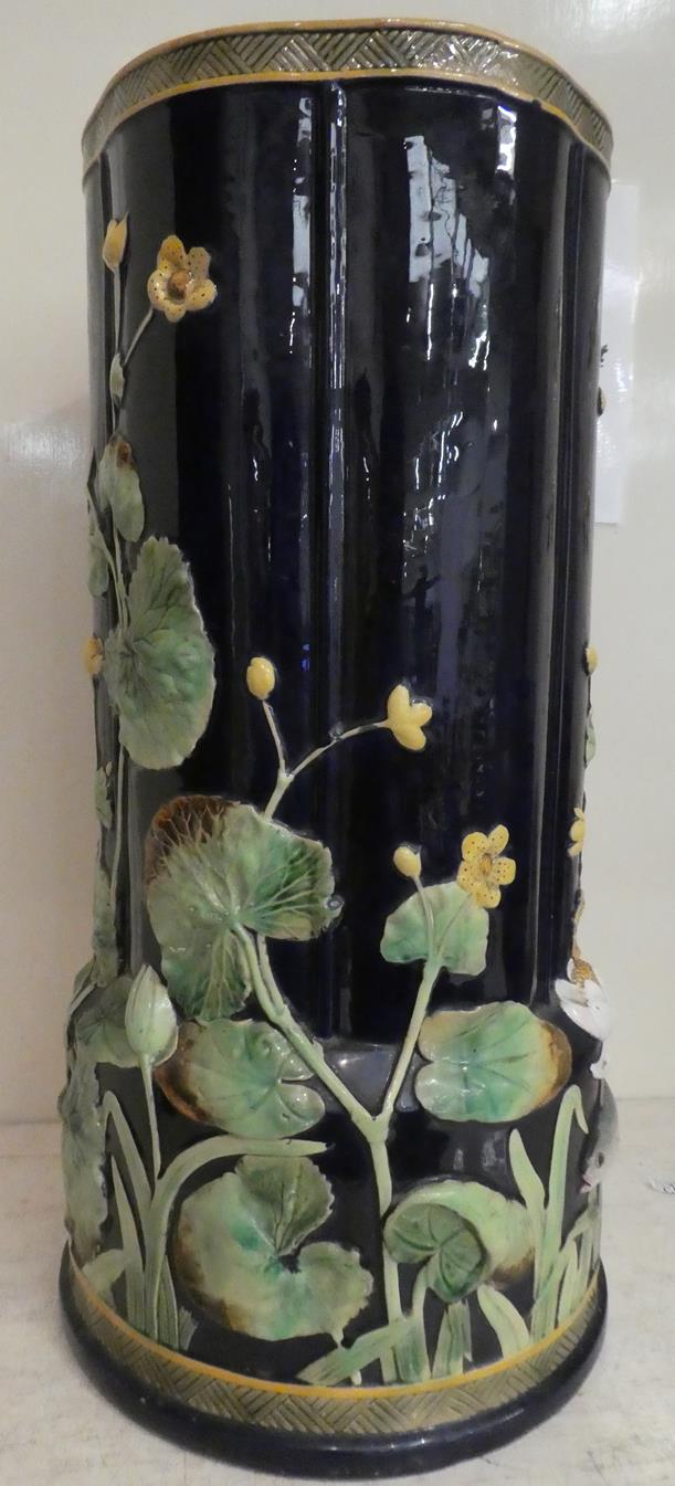 George Jones majolica stick stand moulded with water lilies and fish impressed mark, 55cm high - Image 7 of 22