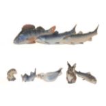 Five Royal Copenhagen models of fish, a model of a hare and a model of an otter a Bing & Grondhal