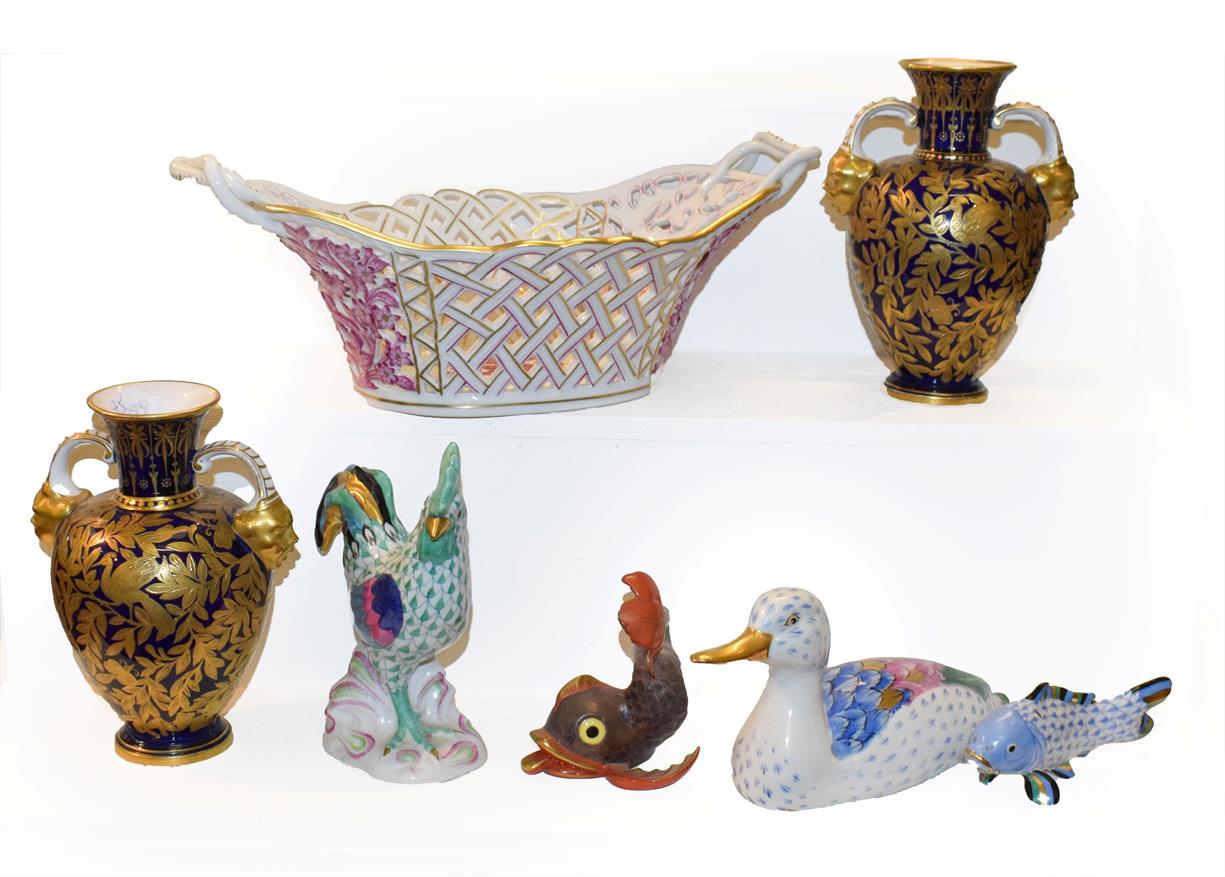 Three Herend porcelain models of animals, a similar Vista Alegre model of a duck, a Herend