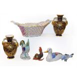 Three Herend porcelain models of animals, a similar Vista Alegre model of a duck, a Herend