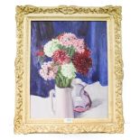 Oil on board still life picture, reverse label marked ''Mrs Louie Grimshaw'', 49cm by 39cm