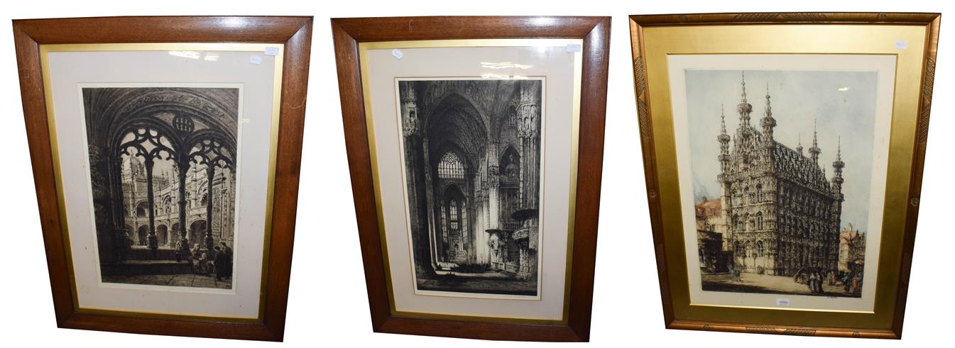 Three church prints to include William Monk R E, Hotel Deville, Louvaim 66cm by 48cm, an etching