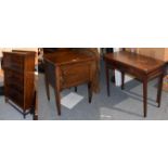 A George III mahogany fold over tea table, 87cm by 42cm by 74cm, an oak open bookcase with