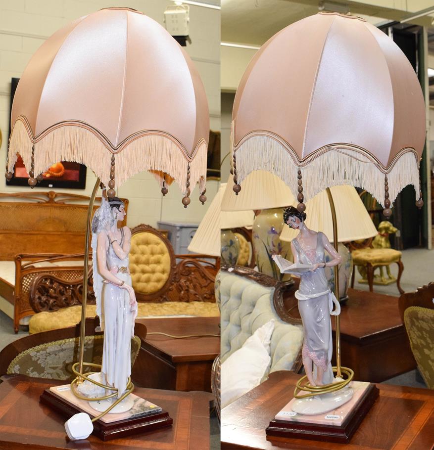 A pair of Capo de Monte figural composite table lamps, formed as maidens, 50cm high