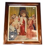 A Victorian rosewood framed wool work religious scene, 82cm by 63cm