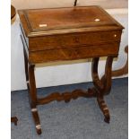 A 19th century inlaid rosewood work table, the shallow caddy form hinged lid fitted with a mirror