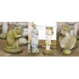 A group of four composition garden statues, one in the form of a classical maiden 112cm, another
