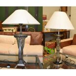Two modern silvered metal and glass table lamps, one of lyre form