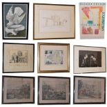 A mixed lot of 19th century sporting prints, framed posters and views of churches and bridges,