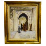 (Contemporary) Moresque scene with figures under an archway, oil on canvas, indistinctly signed