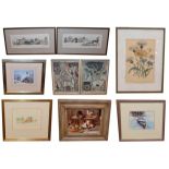 A mixed lot of etchings, prints and watercolours to include pictures of chickens, dogs, various
