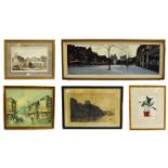 A quantity of pictures and prints, including a oil on panel street scene circa 1970's, coloured