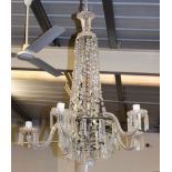 An early 20th century five branch glass lustre chandelier, drop approximately 100cm