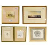 Five watercolour and pencil works (British 20th century) to include landscape, fox drawing and a