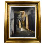 (Contemporary) Moresque scene with figures in an alleyway, oil on canvas, indistinctly signed,