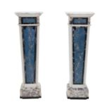 {} A Pair of 20th Century Grey and White Marble Pedestals, with lapis lazuli panels, of square