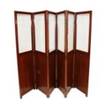 A Late Victorian Glazed Mahogany Six-Leaf Dressing Screen, late 19th century, with boxwood stringing