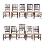 A Harlequin Set of Ten Ash and Elm Rush-Seated Dining Chairs, comprising seven 19th century