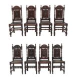 Eight Carved Oak Dining Chairs, late 19th/early 20th century, with close-nailed and painted