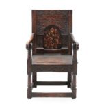 A 17th Century Joined Oak, Parquetry and Marquetry Inlaid Wainscot Armchair, Leeds region, the
