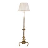 A Brass Stylised Standard Lamp, late 19th century, on a column support with knopped base and
