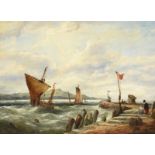 John James Wilson (1818-1875) Scottish Fisher folk on a jetty in blustery weather Signed, oil on