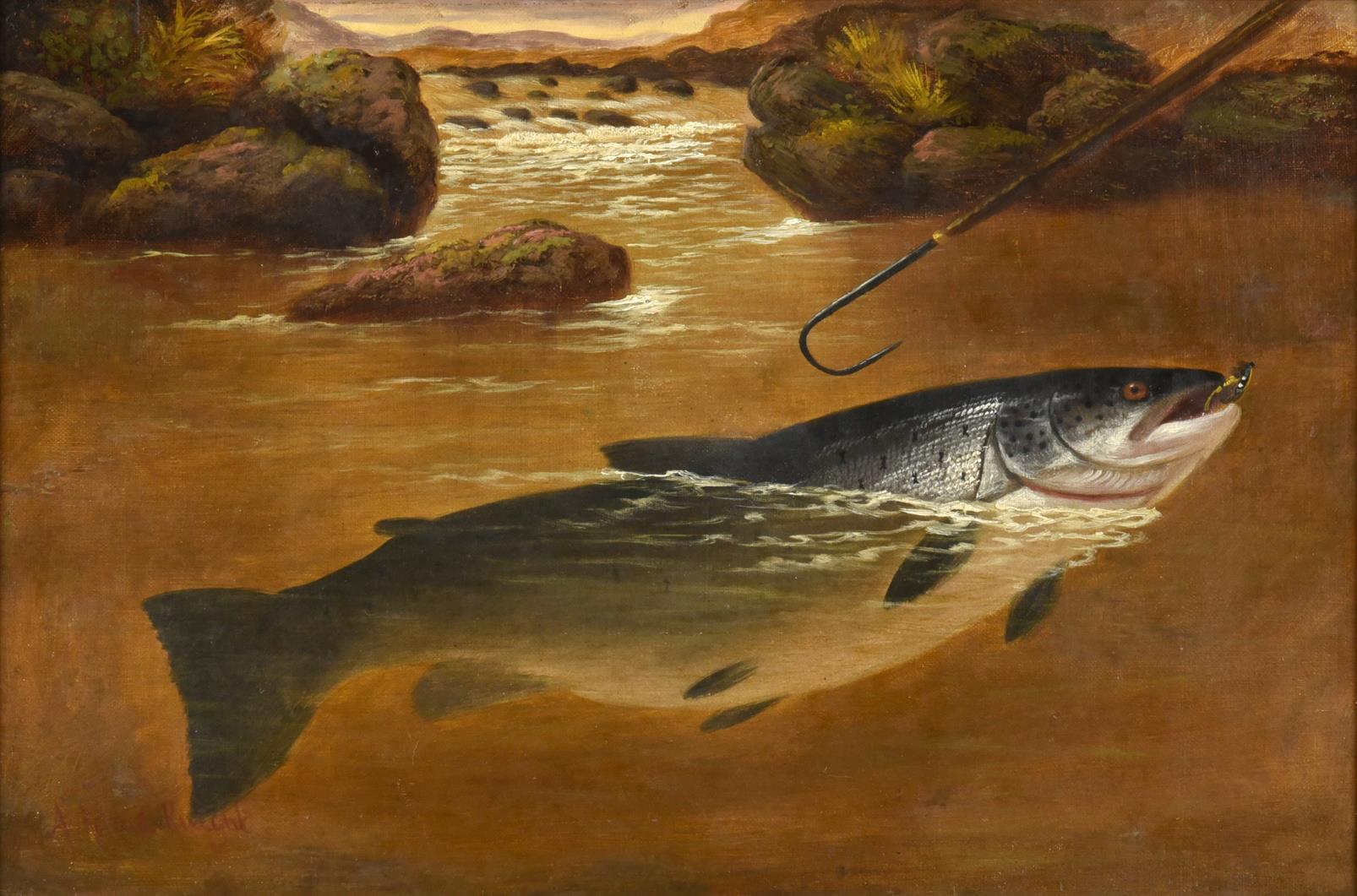 Attributed to A Roland Knight (fl.1879-1921) ''Salmon and a gaff'' Bears signature, oil on canvas,