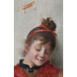 Cipriano Cei (1867-1922) Italian Portrait of a young girl, head and shoulders, wearing a scarlet